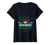 Women's God is with Me Wherever I May Go - Joshua 1:9 Retro Camping V-Neck T-Shirt