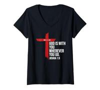 Womens God is with You Wherever You Go Christian Cross Joshua 1:9 V-Neck T-Shirt