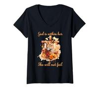 Womens God is Within Her She Will Not Fail Lioness Cross Floral V-Neck T-Shirt