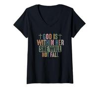 Womens God is Within Her She Will Not Fall Faithful Strength V-Neck T-Shirt