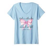 Womens God is Within Her She Will Not Fall Girl Pink Bow Psalm 46:5 V-Neck T-Shirt