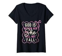Women's God is Within Her She Will Not Fall Pearl Christian Womens V-Neck T-Shirt
