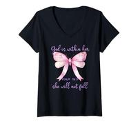 Womens God is Within Her She Will Not Fall Pink Bow Girl Psalm 46:5 V-Neck T-Shirt