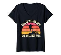 Women's God is Within Her She Will Not Fall Vintage Hiking Sunset V-Neck T-Shirt