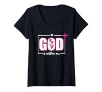 Womens God is Within Me Will I Not Fall Psalm 46:5 Bible Verse Pink V-Neck T-Shirt