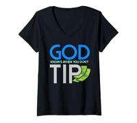 Women's God Knows When You Dont Tip Waiter Bartender Bartending V-Neck T-Shirt