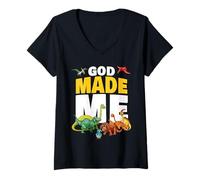 Womens GOD Made Me - Christian Faith Kids Dinosaur Creation V-Neck T-Shirt