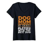 Women's God Mom By Grace Blessed with The Best Dog V-Neck T-Shirt