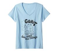 Womens God Over All Things - Vintage Frog Graphic Christian Faith V-Neck T-Shirt