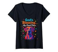 Womens God’s Blessing Great Dane Dog Faith Fun Colorful Dots Design V-Neck T-Shirt
