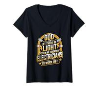 Womens God Said Let There Be Light Funny Christian Electrician V-Neck T-Shirt