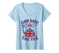 Women's God Save the Tea Funny British Tea Pun V-Neck T-Shirt