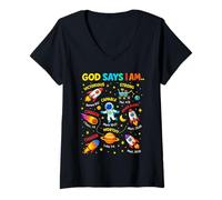 Womens God Says I Am Outer Space Themed Bible Christian Kids Boys V-Neck T-Shirt
