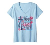 Womens God Shed His Grace on Thee Cross Flag Roses Christian Faith V-Neck T-Shirt