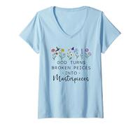 Women's God Turns Broken Piece into Masterpieces Bible Verse Psalm V-Neck T-Shirt