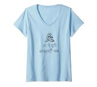 Womens Goddess Saraswati Distressed Lotus Yoga Pose Sanskrit Mantra V-Neck T-Shirt