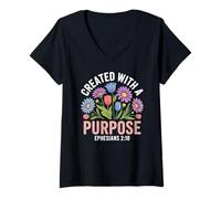 Womens God's Creation Purpose Ephesians 2:10 Floral Faith V-Neck T-Shirt