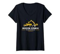 Womens God's Crew - Excavator Construction Kids Christian 1 Cor 3:9 V-Neck T-Shirt