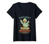 Women's God's Grace Keeps Me Quacking Christian Duck V-Neck T-Shirt