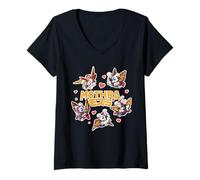 Women's Godzilla Cute Chibi Mothra Collage with Hearts Kaiju Movie V-Neck T-Shirt