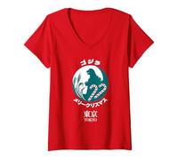 Womens Godzilla Merry Christmas Tokyo Illustration Retro Movie V-Neck T-Shirt