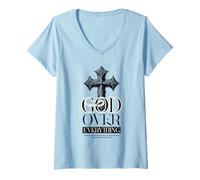 Womens GOF Over Everything Religious Christian Cross Faith Jesus V-Neck T-Shirt