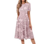 Womens Going Out Outfits Ladies Loose Fit Spring/Summer Dresses with Pocket Fashion Printed Round Neck Party Dress Casual Solid Color Short Sleeve T Shirt Dress Boho Dresses