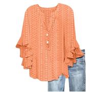 Womens Going Out Tops Shirts for Women UK Summer Clothes Loose Fit Pullover Tees Tunic Casual Ruffle 3/4 Sleeve Eyelet Hollow Activewear Ladies Blouses V Neck Button Up Orange