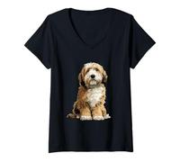 Women's Gold and White Tibetan Terrier Dog Illustration V-Neck T-Shirt