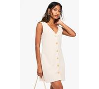 Womens Gold Button V Neck Shift Dress - Beige - 16, Beige