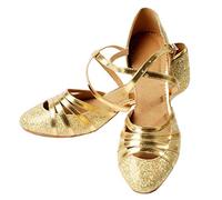 Womens Gold Glitter Dance Shoes Closed Toe Multi Strap Low Heel Ballroom Latin Salsa Tango Practice Performance Shoes Gold 4.5