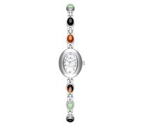 Womens Gold Petite Vintage Colorful Jade Crystals Beaded Waterproof Watch Small Pearl Oval Dial Arabic Numerals Fashion Bracelet Wrist Watch, Silver, Fashion, Vintage, Creative, Luxury