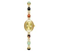 Womens Gold Petite Vintage Colorful Jade Crystals Beaded Waterproof Watch Small Pearl Oval Dial Arabic Numerals Fashion Bracelet Wrist Watch, Gold, Fashion, Vintage, Creative, Luxury