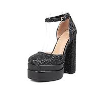 Women's Gold Sparkly Platform Sandals with Ankle Strap - Chunky Block Heels for Summer Parties & Weddings,Black,5 UK