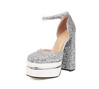 Women's Gold Sparkly Platform Sandals with Ankle Strap - Chunky Block Heels for Summer Parties & Weddings,Silver,4.5 UK