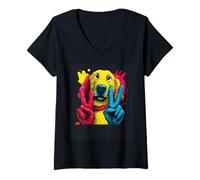 Women's Golden Dog Double Peace Retro Pop Character Graphic Sign V-Neck T-Shirt