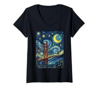 Women's Golden Gate Bridge Starry Night Art History Present USA V-Neck T-Shirt