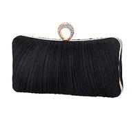 Womens Golden Glitter Clutch Purse Pleated Evening Bag for Bridal Wedding Party with Rhinestone Ring, Black, S