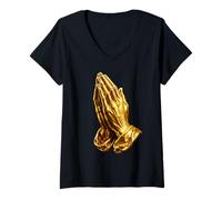 Women's Golden Praying Hands Religious Prayer Faith Artwork Icon V-Neck T-Shirt