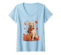Womens Golden Retriever Dog Lover Pumpkin Fall Autumn Thanksgiving V-Neck T-Shirt