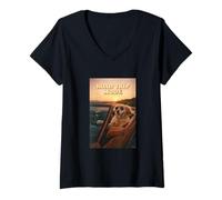 Women's Golden Retriever Dog Open Road Journey Mode Sunset V-Neck T-Shirt