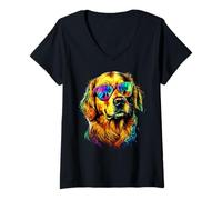 Womens Golden Retriever Dog with Sunglasses I Love Golden Retriever V-Neck T-Shirt