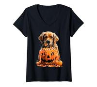 Womens Golden Retriever Dripping Pumpkin Candy Corn Halloween Dog V-Neck T-Shirt