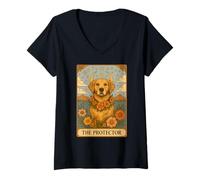 Womens Golden Retriever Tarot Card Vintage Floral Protector Dog Mom V-Neck T-Shirt