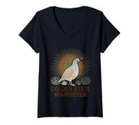Women's Golden State Wanderer Dot Art California Quail Sun V-Neck T-Shirt
