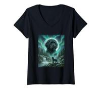 Women's Goldendoodle Aurora Borealis Northern Lights Dog Moon V-Neck T-Shirt