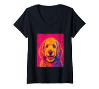 Women's Goldendoodle Pop Art Colorful Dog Portrait V-Neck T-Shirt