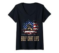 Womens Golf Cart Life American Flag Ball Swing Golfing Course Golf V-Neck T-Shirt