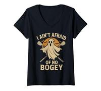 Womens Golf Ghost Halloween Funny I Ain’t Afraid of Bogey V-Neck T-Shirt