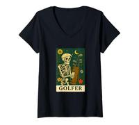 Women's Golf The Golfer Tarot Card Skeleton Vintage Gothic Art V-Neck T-Shirt
